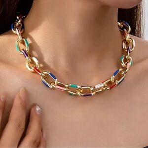 Modern Color Block Chain Jewelry Set – Gold Link Necklace and Bracelet